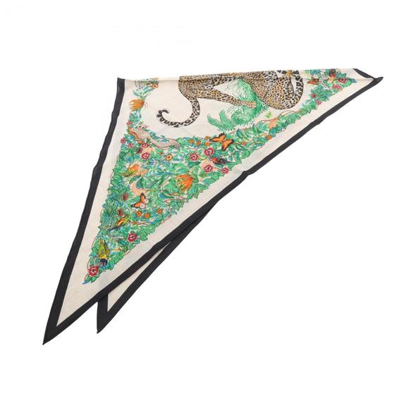 Hermes Hermès Triangle Geant Jungle Love Scarf, Silk, Cashmere, Women's, Beig... - Picture 1 of 5